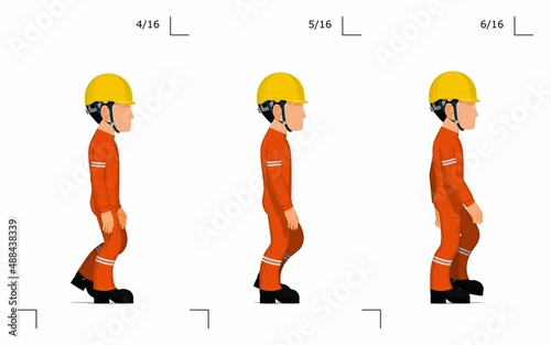 An industrial worker is walking on white background