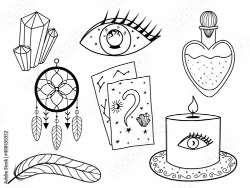 Divination and astrology doodle icons set. Witchcraft set, mystic magical symbols set. Witch signs crystal, candle, tarot cards, divination ball, love potion