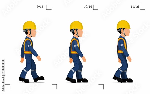 An industrial worker is walking on white background