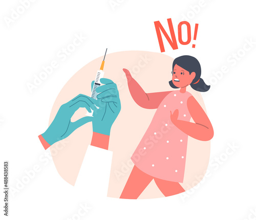 Child Afraid of Vaccination, Seasonal Disease Prevention Concept. Girl Character Protecting from Doctor Holding Syringe
