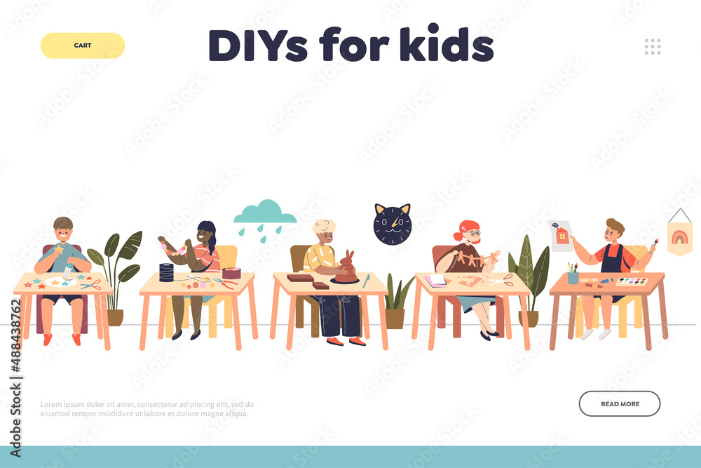 Diy for kids concept of landing page with children doing craft at art classes