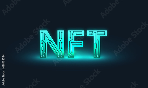 Concept banner NFT non-fungible tokens with a bright glow on dark background. Vector illustration