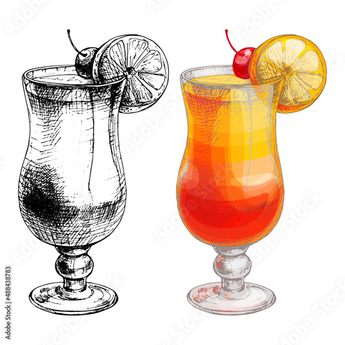 Tequila sunrise cocktail with cherry and slice orange. Vector vintage hatching