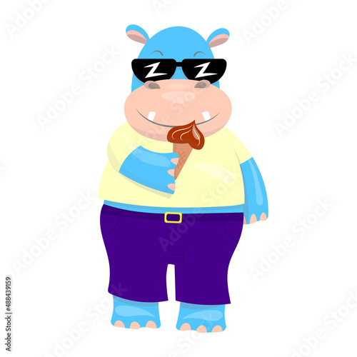 vector illustration of a behemoth in sunglasses eating ice cream