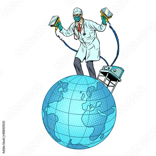 The Doctor resuscitates planet Earth with an defibrillator electric shock. Ecology and politics, health. Pandemic and epidemic