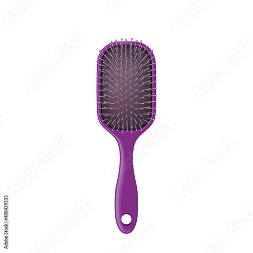 Purple hairbrush for everyday hair care and brushing. Hairdresser tool plastic comb icon