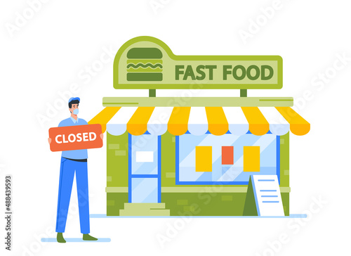 Sad Business Man in Mask, Fast Food Cafe Owner with Closed Sign in Hands Stand at Building Facade, Financial Crisis
