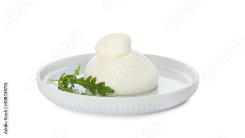 Delicious burrata cheese with arugula on white background