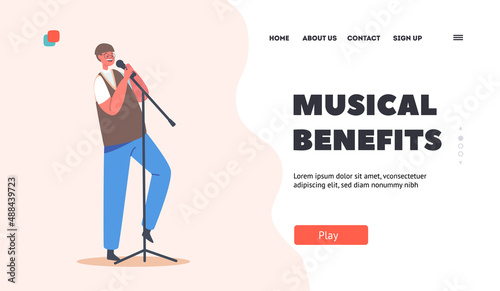 Little Boy Holding Microphone Sing on Stage Landing Page Template. Little Vocalist Male Character Entertaining