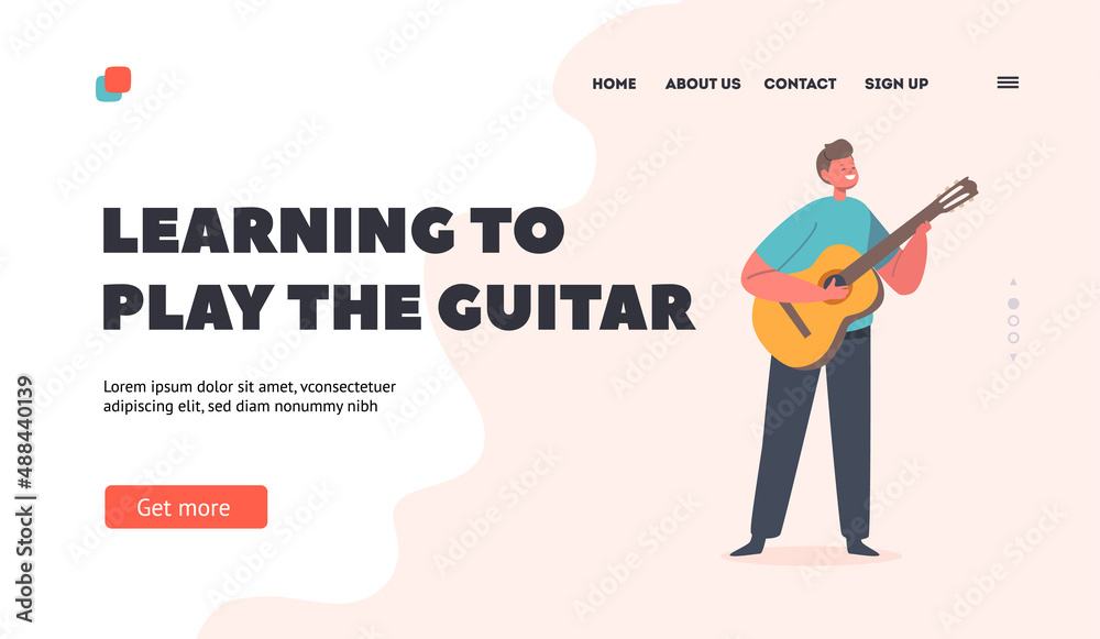 Little Boy Character Learning to Play Guitar Landing Page Template. Little Musician with String Instrument Performance Little Boy Character Learning to Play Guitar Landing Page Template. Little Musician with String Instrument Performance