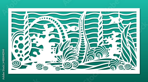 Laser cut panel with ocean underwater design. CNC cutting template, wall art, room privacy screen, wall hanging, for home interior. Undersea world, coral reef, weeds, seashells. Vector illustration