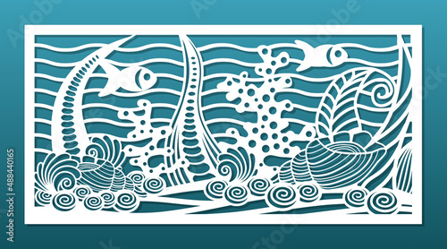 Laser cut panel with ocean underwater design. CNC cutting template, wall art, room privacy screen, wall hanging, for home interior. Undersea world, coral reef, weeds, seashells. Vector illustration