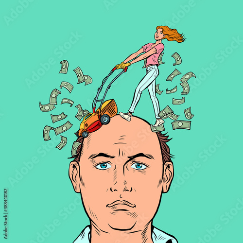 Husband and wife, problems because of money. Expensive divorce, financial litigation concept. Haircut dollars