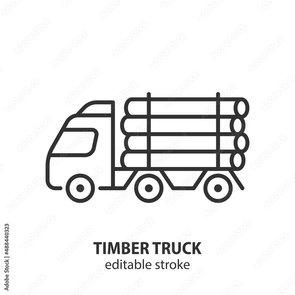 Timber truck with lumber vector line icon. Logging truck with logs symbol. Editable stroke. Timber truck with lumber vector line icon. Logging truck with logs symbol. Editable stroke.
