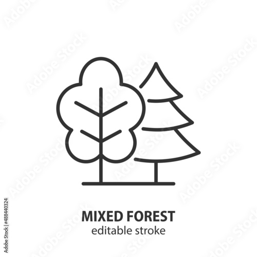 Mixed forest line icon. Coniferous and deciduous trees vector symbol. Forest trees sign. Editable stroke.