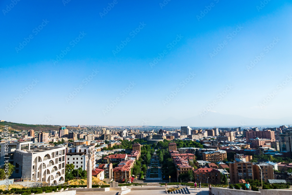 Yerevan cityscape seen from the cascade architecture with Mount Ararat in the background. Yerevan is the capitol city of Armenia