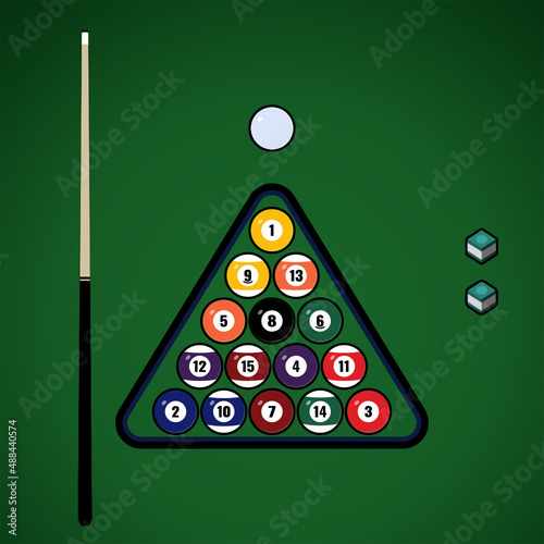 Flat Color Vector billiard balls, cue, cue chalk 