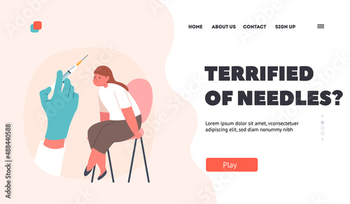 Little Kid Disease Prevention Landing Page Template. Upset Child Sit on Chair in Clinic Cabinet Afraid of Vaccination