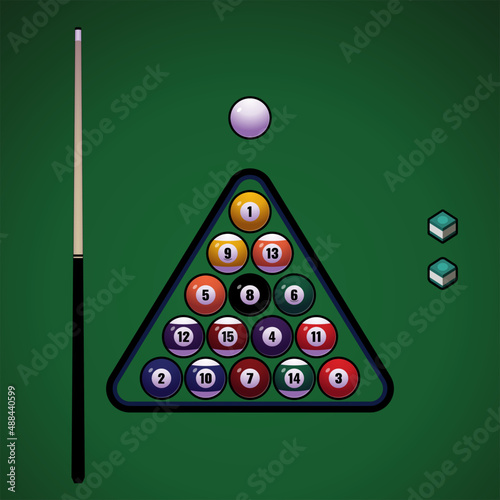 Vector billiard balls, cue, cue chalk 