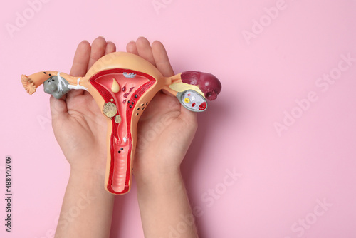 Vászonkép Woman with anatomical model of uterus on pink background, top view and space for text