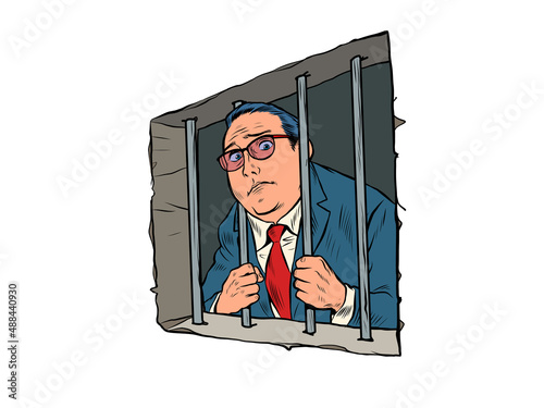 The businessman is a criminal. A man is in prison behind bars. Corrupt politician