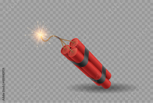 Realistic detailed 3d bunch of red detonate dynamite bomb sticks with fire flash on fuse photo