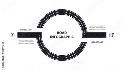 Road concept for infographic with 2 steps, options, parts or processes. Business data visualization.