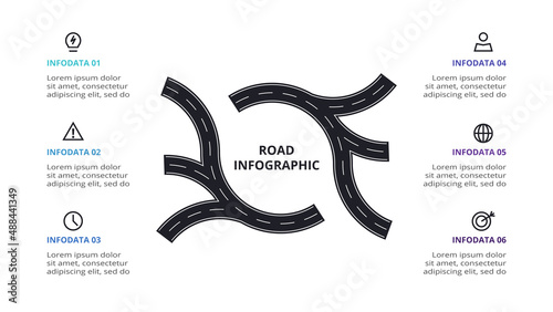 Road concept for infographic with 6 steps, options, parts or processes. Business data visualization.