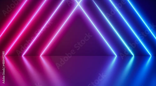 Neon Background Abstract Blue And Pink with Light Shapes triangle on colorful and reflective floor.