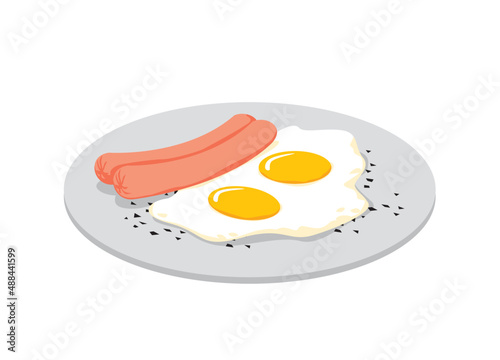 Breakfast. A plate with fried eggs and two sausages. Vector image for prints, poster and illustrations.