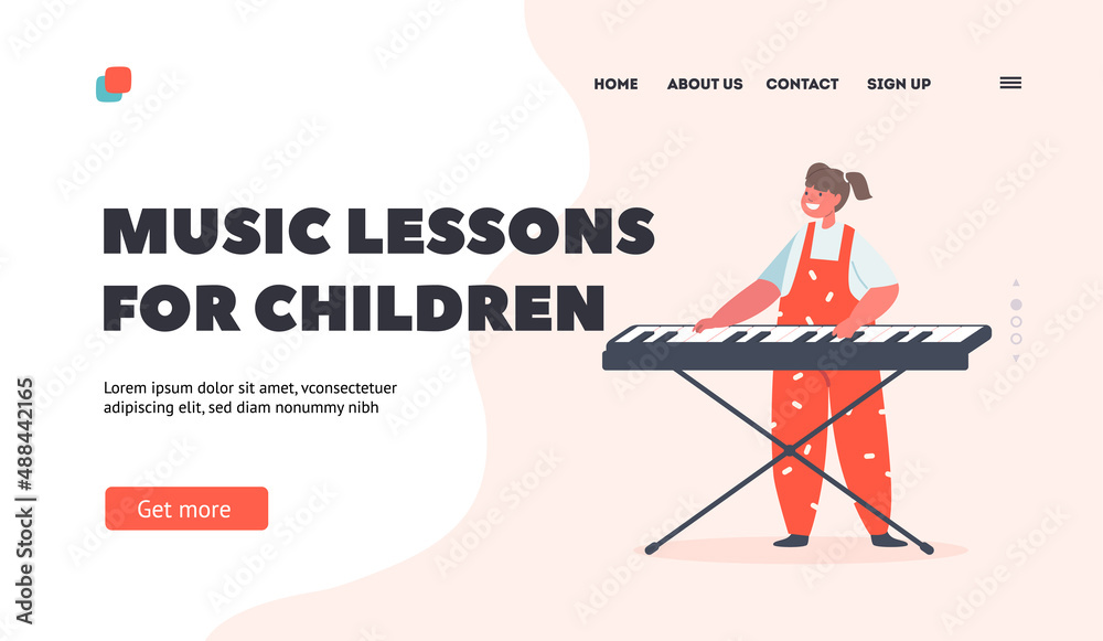 Music Lessons for Children Landing Page Template. Little Girl Playing on Synthesizer, Artist Kid Perform Composition