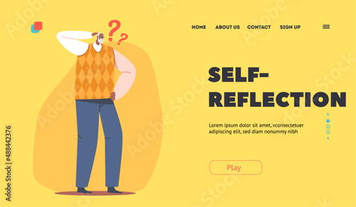 Self Reflection Landing Page Template. Senility, Alzheimer, Dementia Concept. Confused Old Male Character Memory Loss
