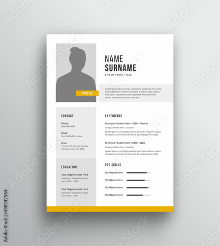 Clean and minimalist resume design  |  One page simple yellow color cv design layout