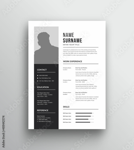 Black and white color one page resume cv design layout
