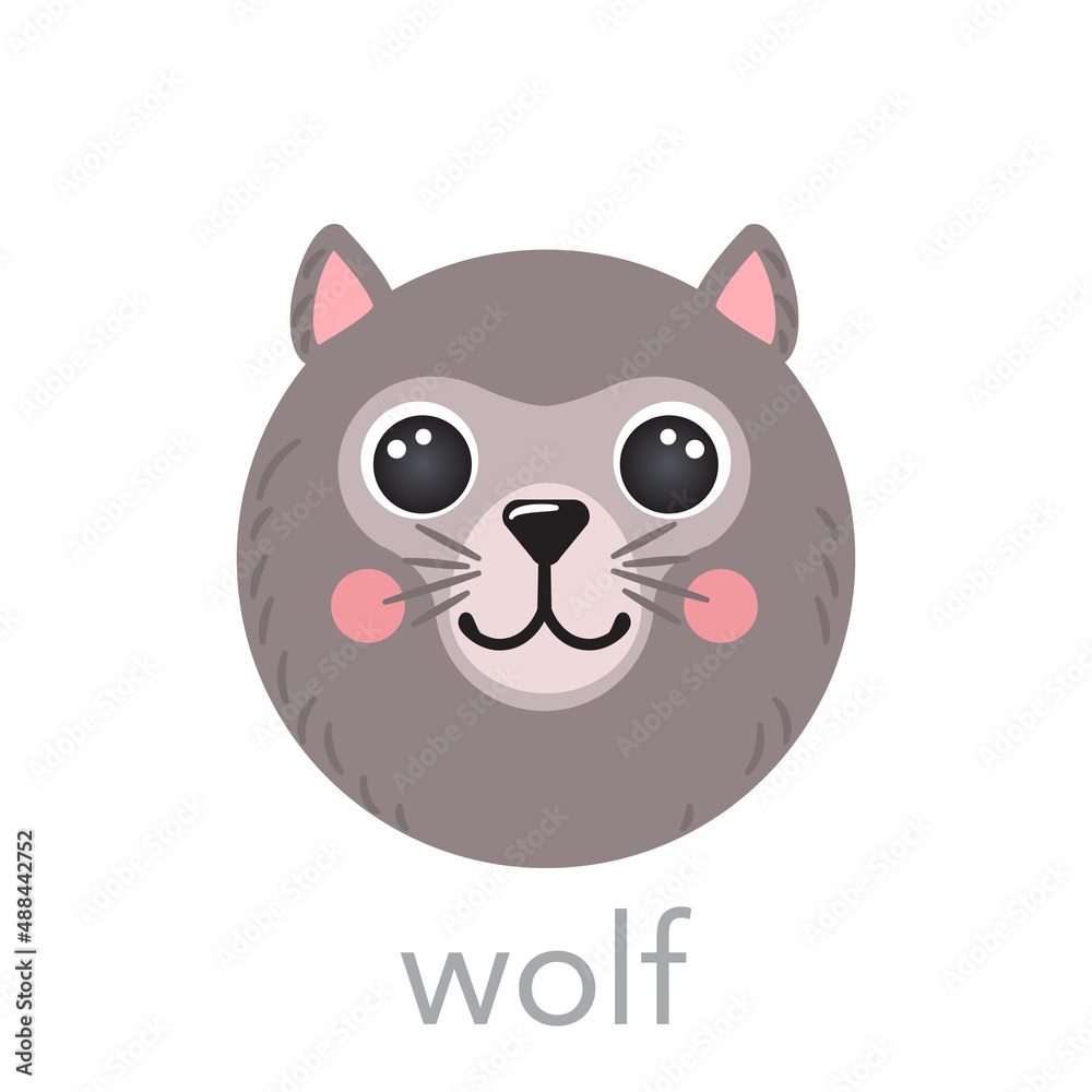 Wolf Cute portrait with name text smile head cartoon round shape avatar animal face, isolated vector icon illustrations on white background. Flat drawn for kids poster, UI app, t-shirts, baby clothes Wolf Cute portrait with name text smile head cartoon round shape avatar animal face, isolated vector icon illustrations on white background. Flat drawn for kids poster, UI app, t-shirts, baby clothes