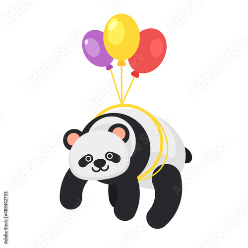 Vector flat style panda holding colorful balloons