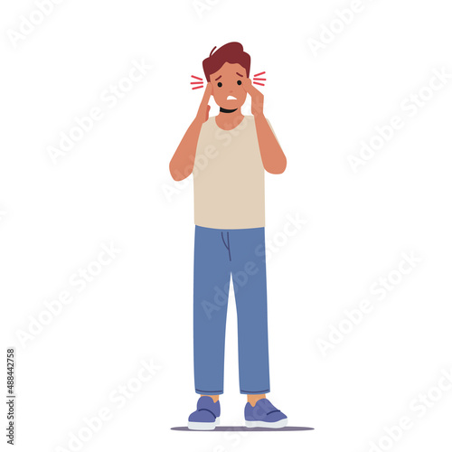 Sick Kid Suffering Ache or Pain in Head Isolated on White Background. Child Male Character Feel Headache due to Migraine
