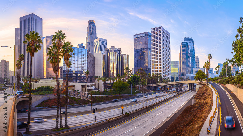 the skyline of los angeles during sunrise, california