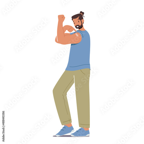 Vaccinated Positive Mature Male Character with Patch on Shoulder Demonstrate Power Show Muscles Isolated on White