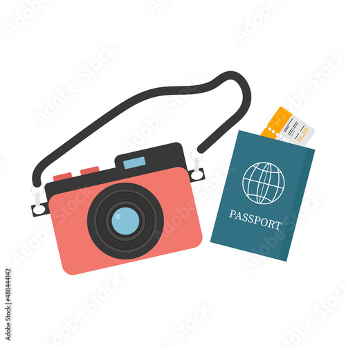 A camera and a passport with a ticket for the design of a travel company