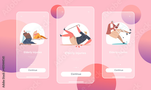 Elderly Injures Mobile App Page Onboard Screen Template. Senior Male or Female Character Falling Down on the Ground