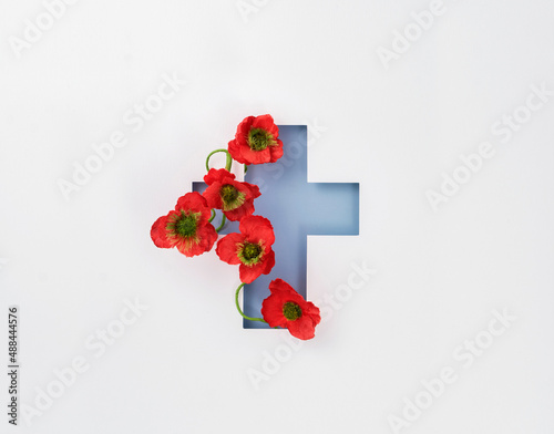 Anzac day. Remembrance day poppy symbol with paper cross. Australia and New Zealand national day of commemoration. Memorial day of the First World War
