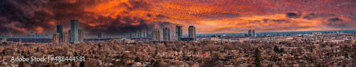 Toronto cityscape drone panorama from south Etobicoke looking at condos and homes 