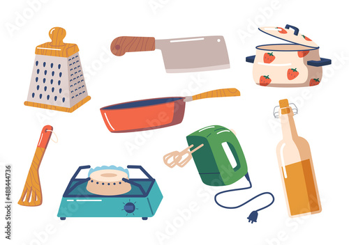 Set of Kitchenware Mixer, Turner, Cooking Pan, Gas Stove or Chef Knife, Grater, Oil Bottle. Kitchen Utensils Collection