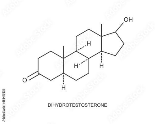 Dihydrotestosterone icon. DHT hormone chemical molecular structure. Cause of male androgenic alopecia. Vector outline illustration. photo