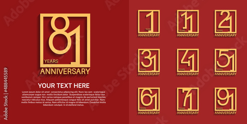 set anniversary logotype premium collection golden color in square isolated on red background photo