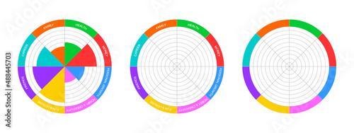 Wheel of life example and templates set. Circle diagrams of lifestyle balance with 8 colorful segments. Coaching tool in wellbeing practice isolated on white background. Vector flat illustration