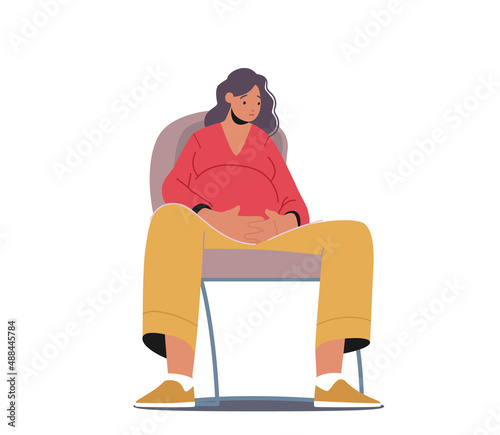 Sad Pregnant Mother Needs Psychological Help, Young Female Character with Big Belly Sitting on Chair with Upset Face