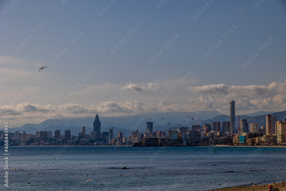  landscape of Benidorm Spain in a sunny day on the seashore with seagulls