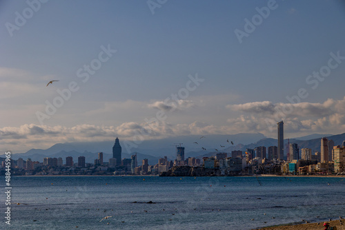  landscape of Benidorm Spain in a sunny day on the seashore with seagulls